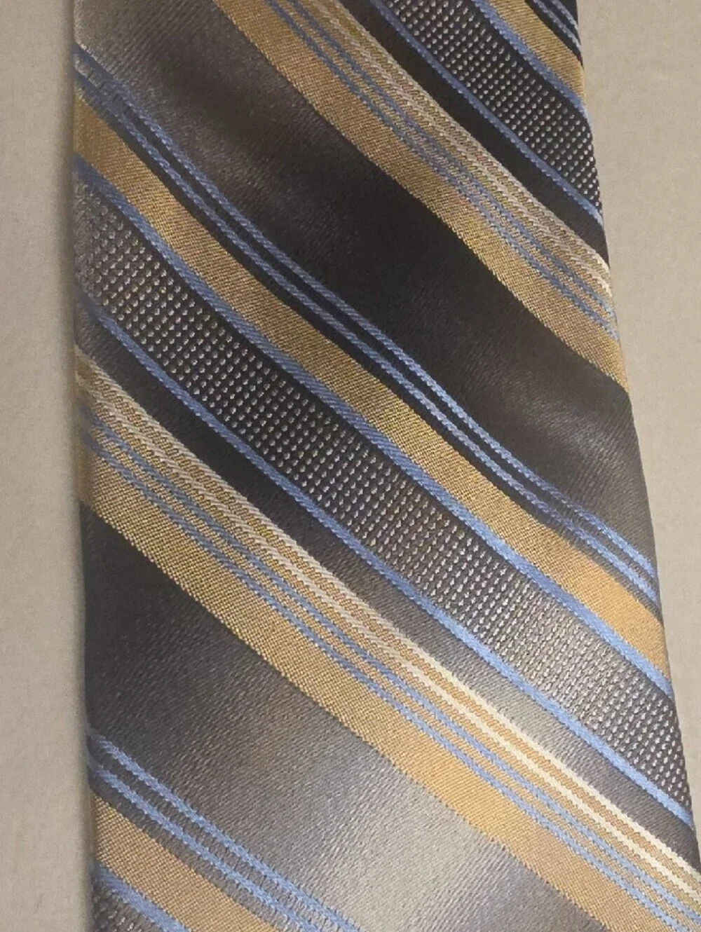 Pronto Uomo Silk Hand Made Gray Tie with Gold and Blue Stripes X Large 65 Inches